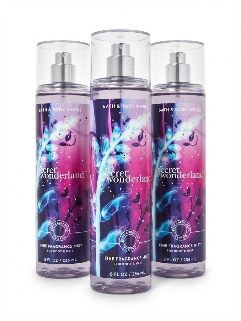 SECRET WONDERLAND Bath & Body Works Fine Fragrance Mist 3-Pack, 8 oz each, purple body and hair spray bottles