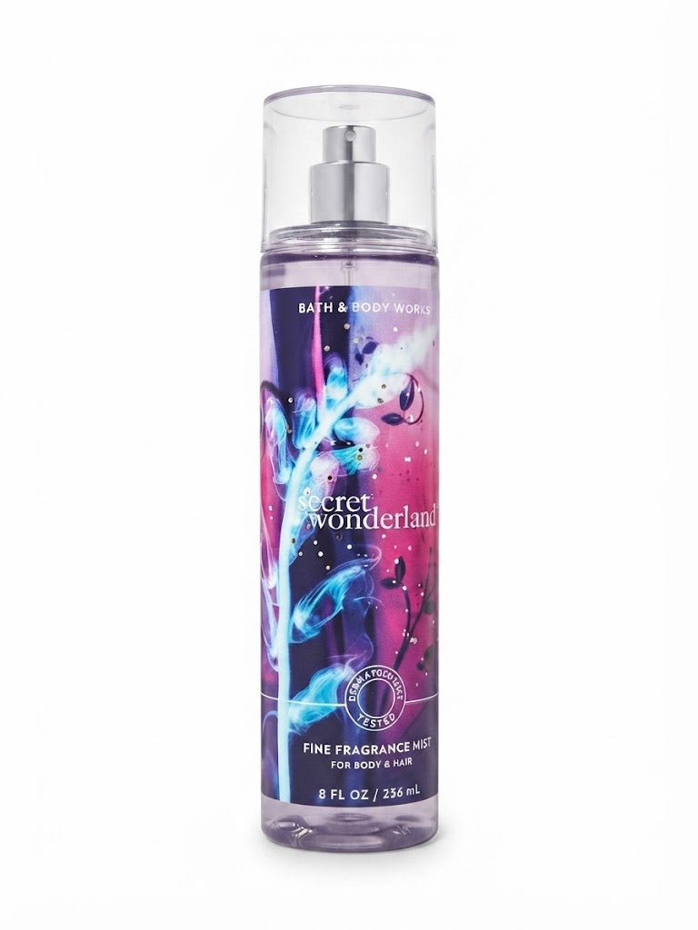 SECRET WONDERLAND Bath & Body Works Fine Fragrance Mist, 8 oz body and hair spray with purple floral fantasy label