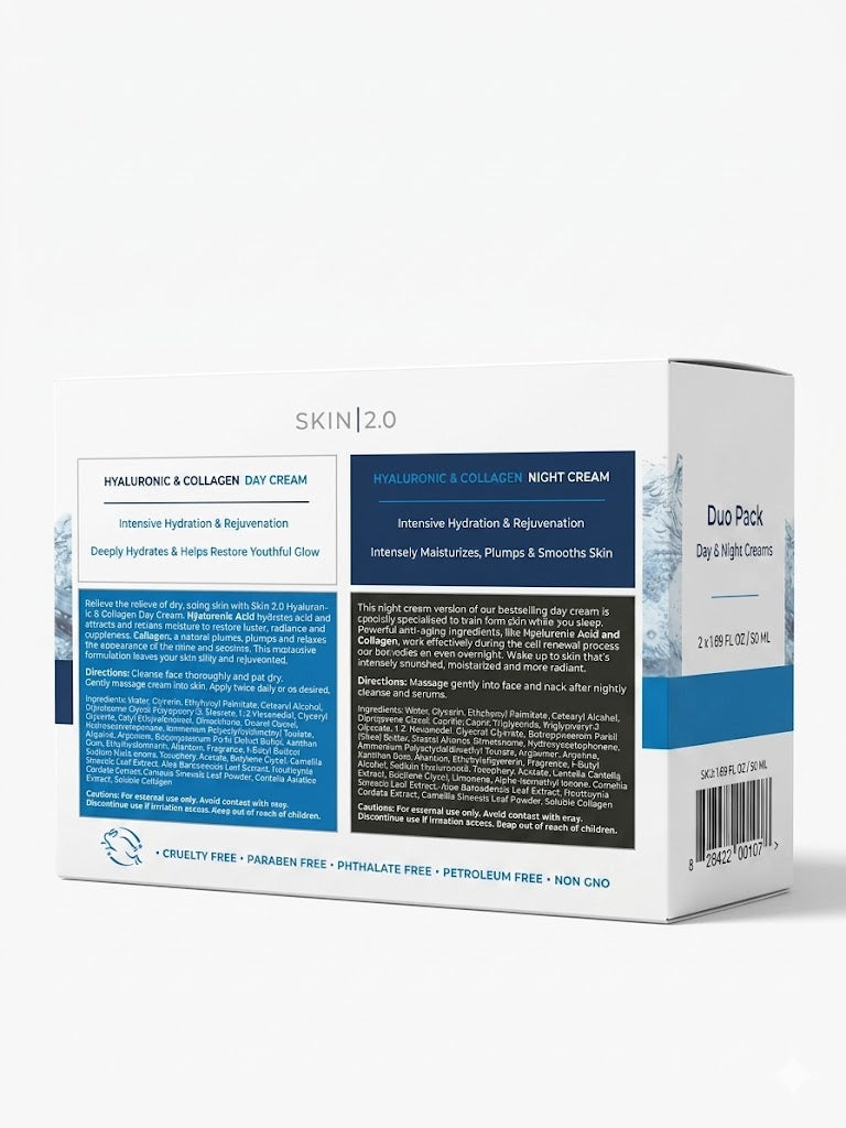 Skin 2.0 Hyaluronic and Collagen Day and Night Cream ingredients packaging details hydrating skincare set