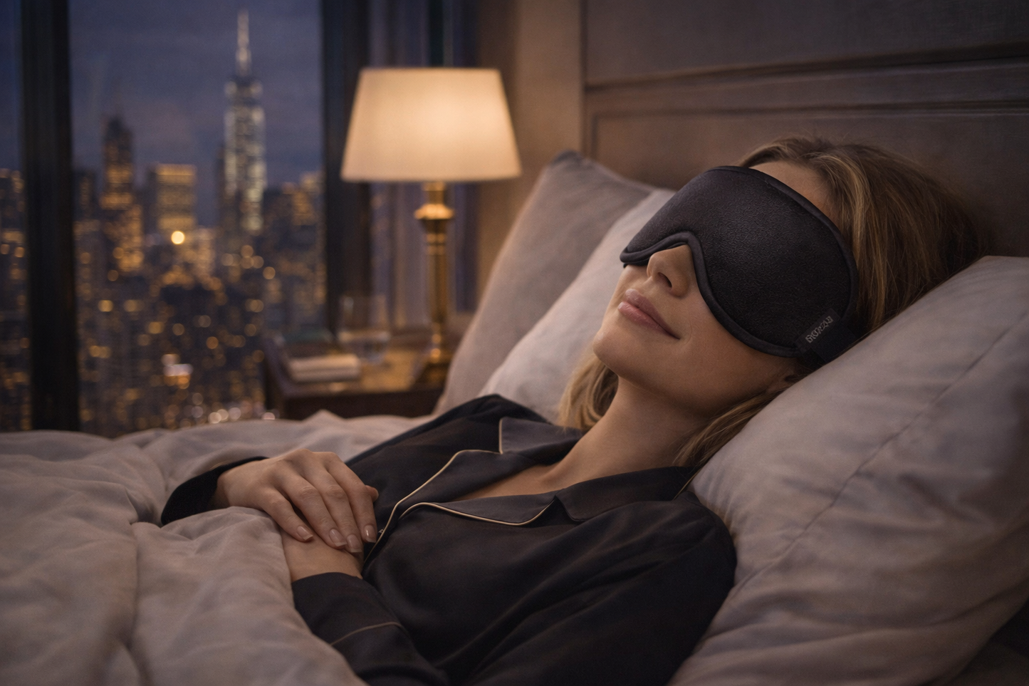 Woman using sleep mask for relaxation and better sleep premium wellness lifestyle comfort night routine MWG