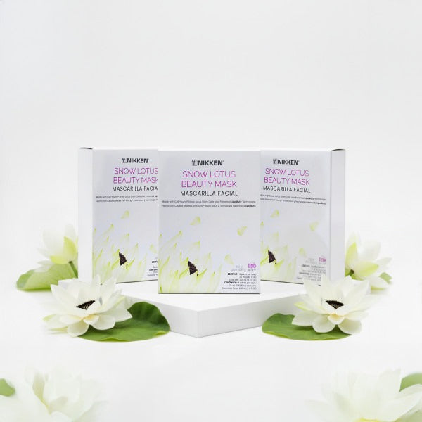 Snow Lotus beauty mask packaging with lotus flowers hydrating skincare treatment set