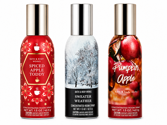 Bath & Body Works room spray 3 pack SPICED APPLE TODDY PUMPKIN APPLE SWEATER WEATHER 1.5 oz each cozy fresh home fragrance air freshener bundle