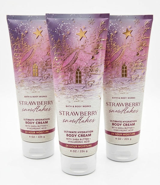 STRAWBERRY SNOWFLAKES Bath & Body Works Body Cream 3-pack bundle winter strawberry moisturizing body cream collection