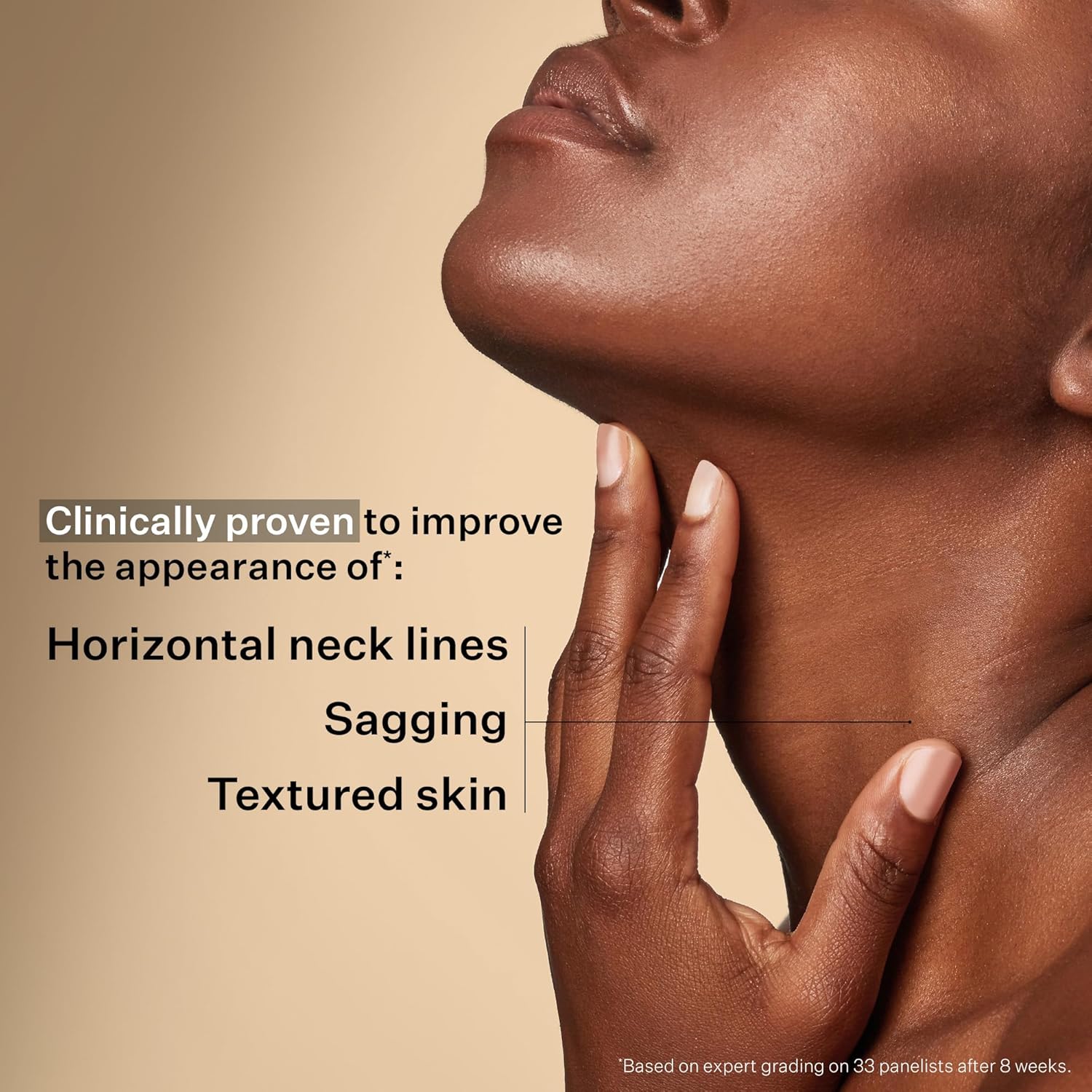Model demonstrating the targeted neck and décolleté benefits of STRIVECTIN Tighten & Lift Peptight™ Neck Serum Roller, designed to help improve the appearance of neck lines, sagging, and skin texture.