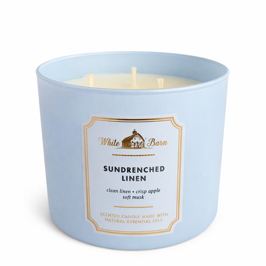 SUNDRENCHED LINEN Bath & Body Works White Barn 3-Wick Candle 14.5 oz fresh clean linen scent crisp apple soft musk blue jar white background My Wrinkles Gone
