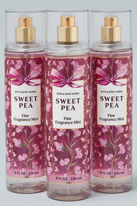 Bath & Body Works SWEET PEA Fine Fragrance Mist 3-Pack 8 oz bottles arranged in MWG style with one bottle in front and two slightly behind featuring sweet pea petals, juicy raspberry and soft floral notes on a white background for gifting and everyday wear