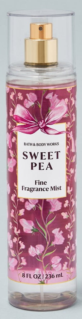 Bath & Body Works SWEET PEA Fine Fragrance Mist 8 oz single bottle featuring sweet pea petals, juicy raspberry and soft floral notes on a pure white background