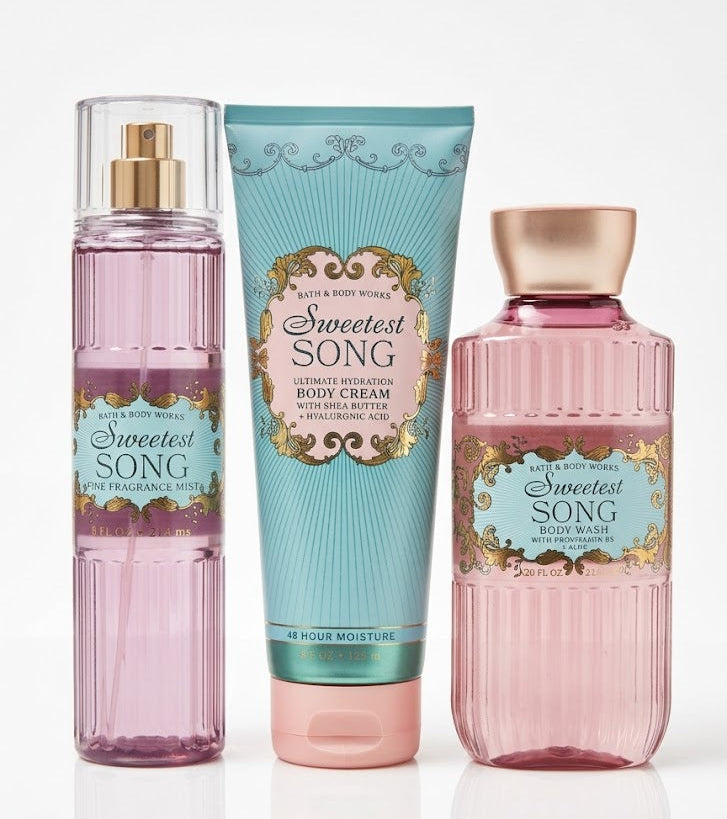 SWEETEST SONG Bath & Body Works 3-step bundle including fine fragrance mist body cream and body wash in matching feminine fragrance collection