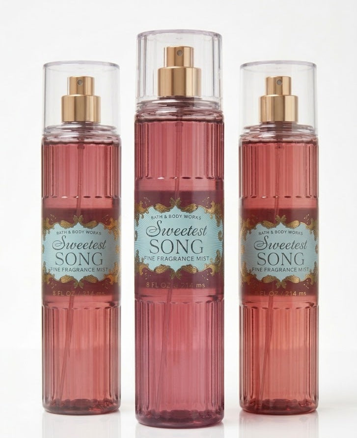 SWEETEST SONG Bath & Body Works Fine Fragrance Mist 3-pack bundle with three 8 oz body sprays featuring romantic feminine fragrance for body and hair