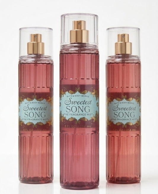 SWEETEST SONG Bath & Body Works Fine Fragrance Mist 3-pack bundle with three 8 oz body sprays featuring romantic feminine fragrance for body and hair