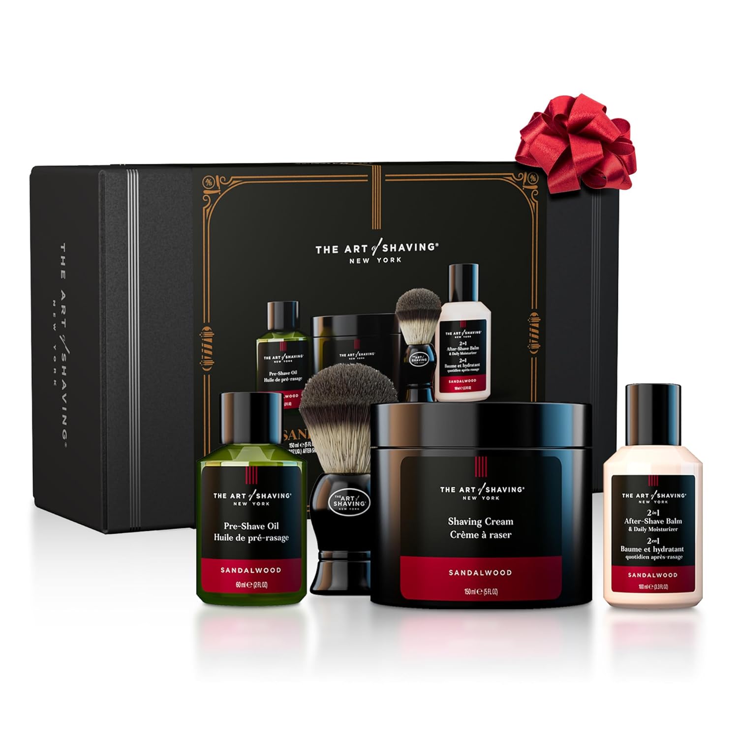 THE ART OF SHAVING Sandalwood Luxury Shaving Kit for Men featuring premium grooming essentials including shaving cream, pre-shave oil, after-shave balm, shaving brush, and luxury gift box packaging.