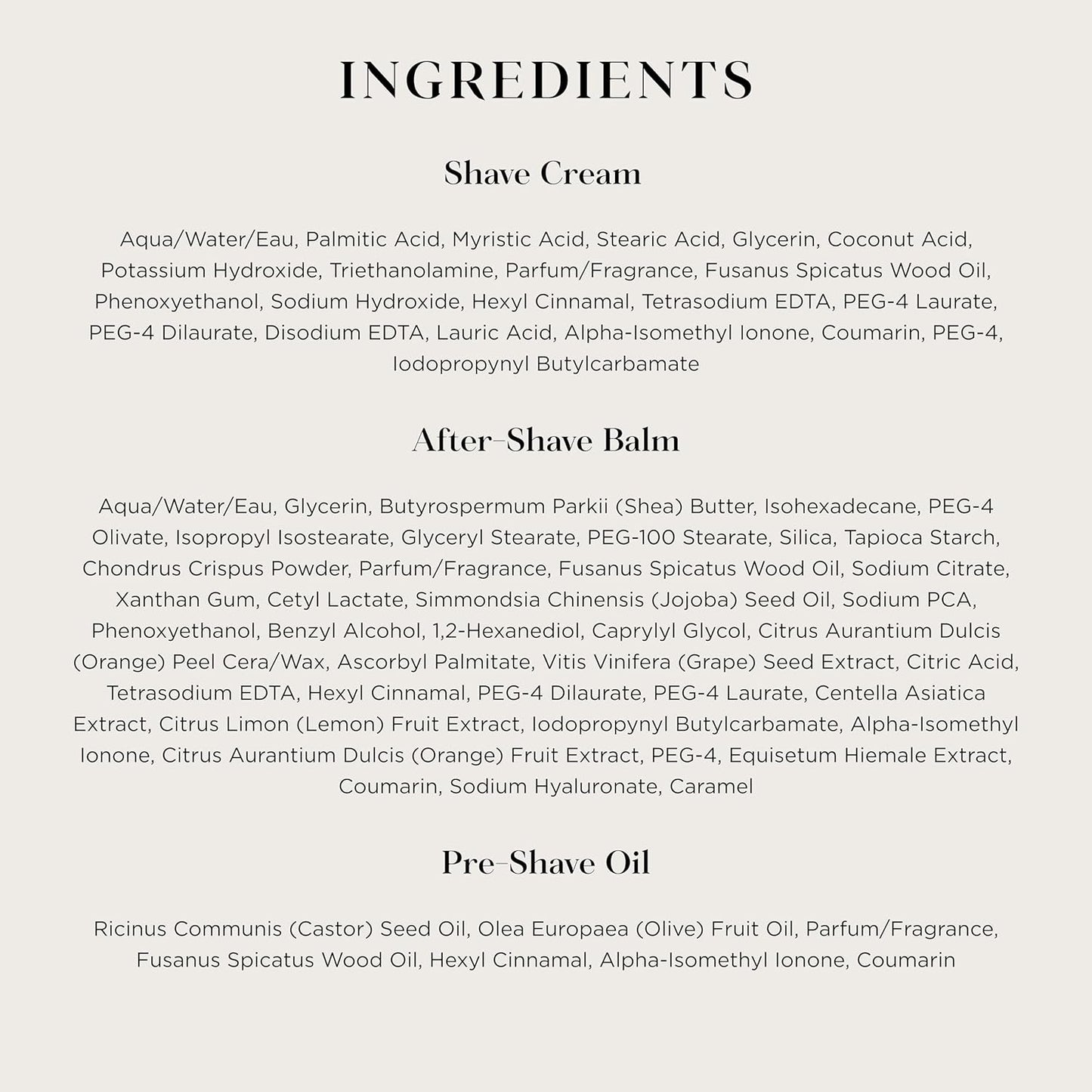 THE ART OF SHAVING Sandalwood grooming kit ingredients and product information for premium men’s shaving and skincare routine.