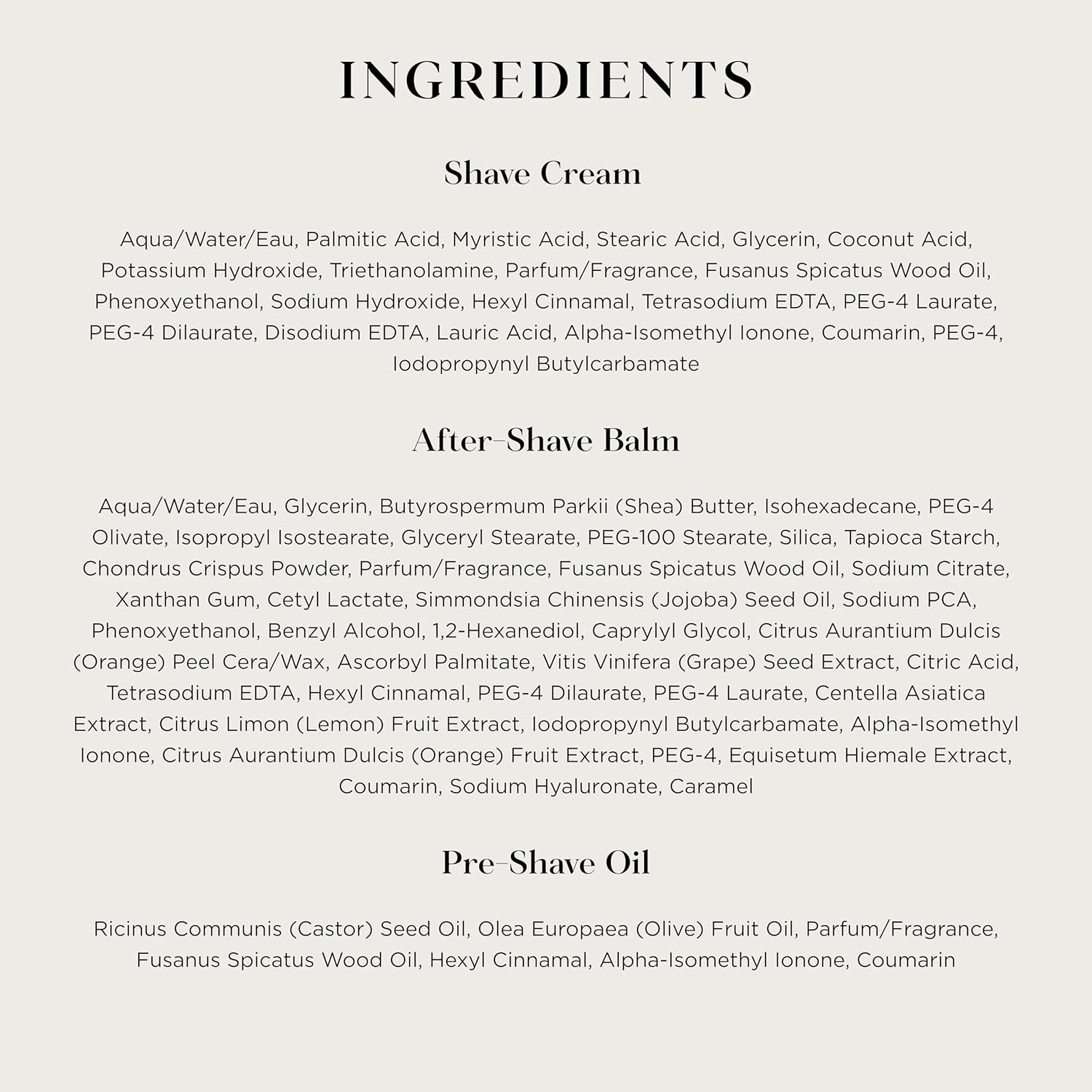 THE ART OF SHAVING Sandalwood grooming kit ingredients and product information for premium men’s shaving and skincare routine.