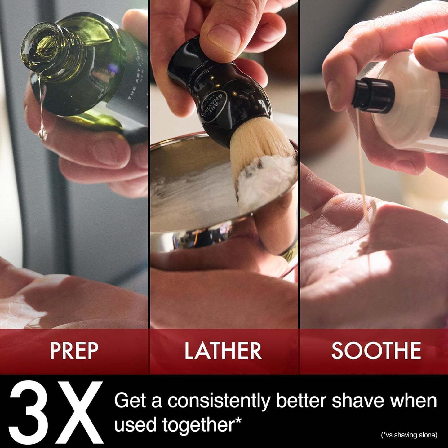 THE ART OF SHAVING Sandalwood luxury shaving routine demonstrating prep, lather, and soothe grooming steps for smooth comfortable shaving.