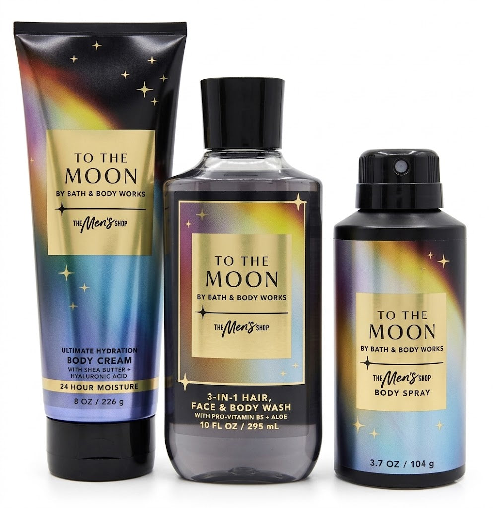 TO THE MOON Bath & Body Works Men’s 3-Step Set Body Cream 8 oz Body Wash 10 oz Body Spray 3.7 oz bundle white background