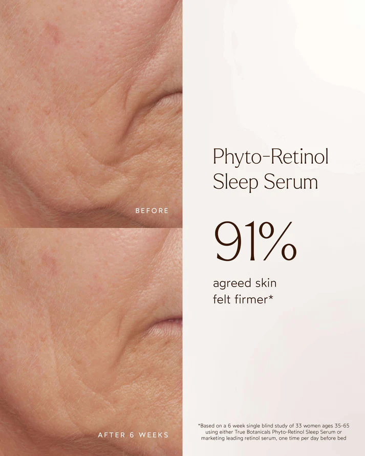 True Botanicals Phyto Retinol Sleep Serum clinical skincare results showing firmer looking skin and reduced appearance of wrinkles after 6 weeks