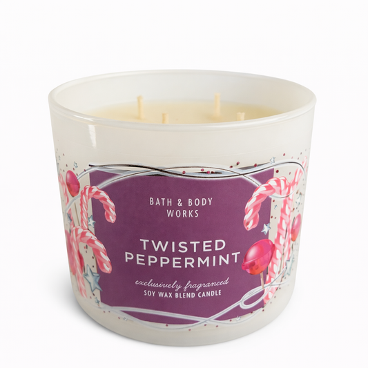 TWISTED PEPPERMINT Bath & Body Works 3-Wick Candle 14.5 oz candy cane peppermint holiday scent sweet mint fragrance white jar white background My Wrinkles Gone