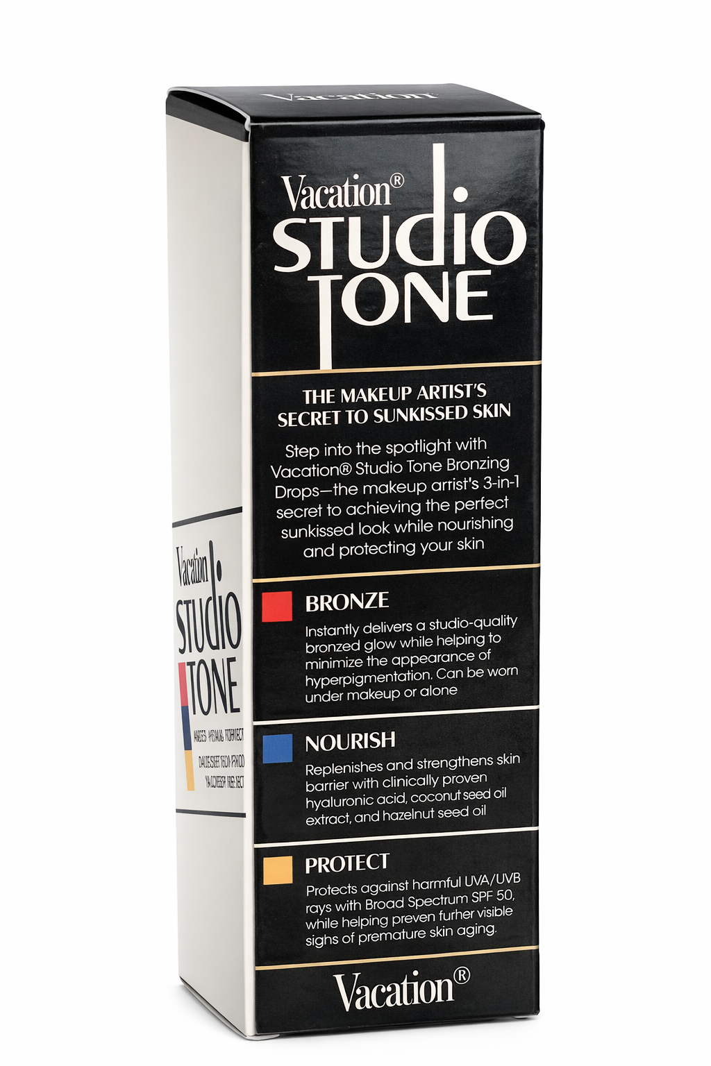 Vacation Studio Tone bronzing drops SPF 50 benefits bronze nourish protect back panel sunscreen skincare product