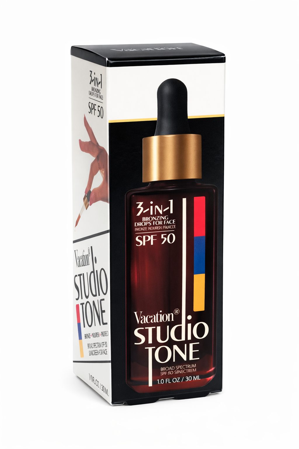 Vacation Studio Tone SPF 50 bronzing drops bottle on packaging 1 oz 30 ml tinted sunscreen face product