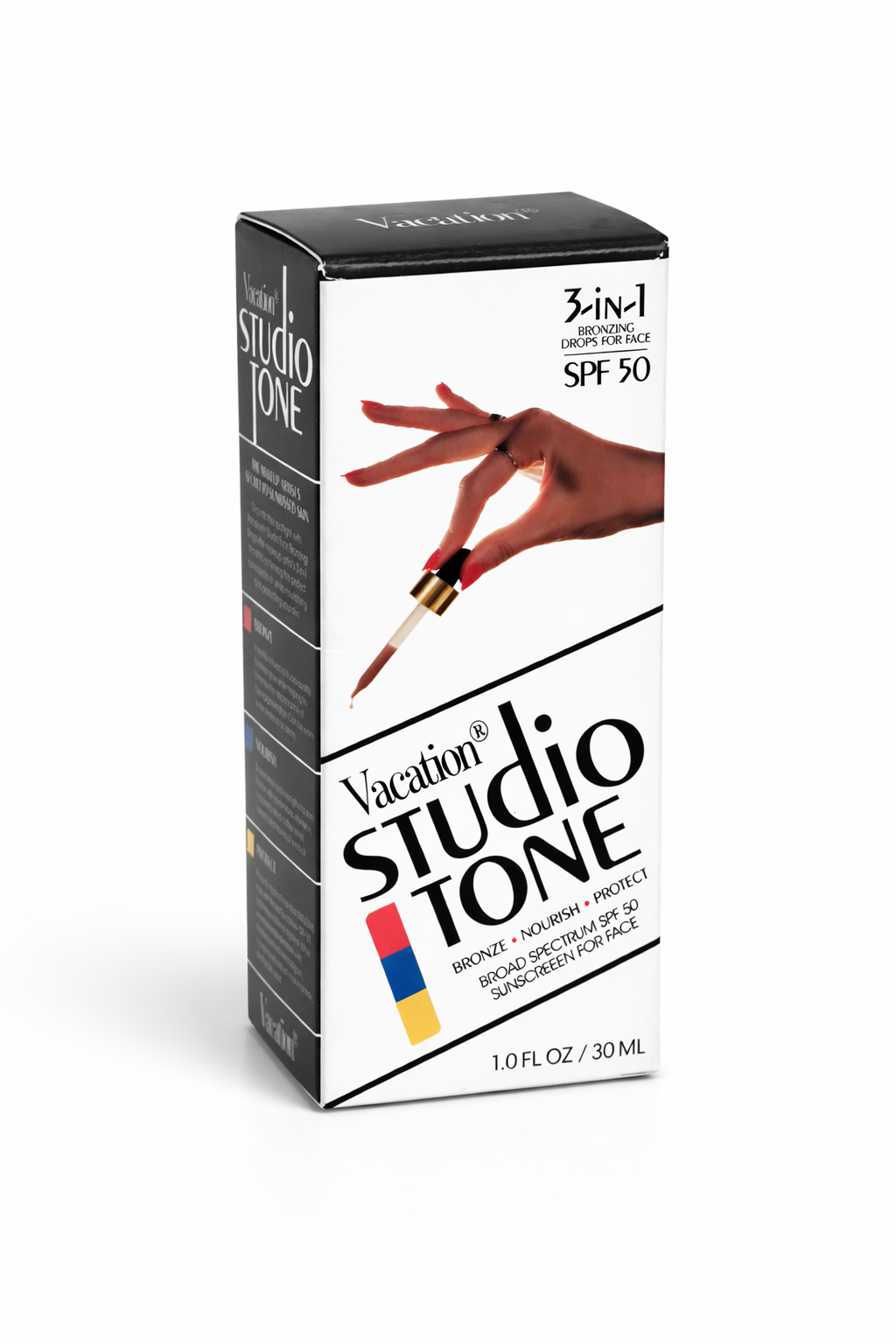 Vacation Studio Tone SPF 50 bronzing drops for face 1 oz 30 ml box front view broad spectrum tinted sunscreen skincare