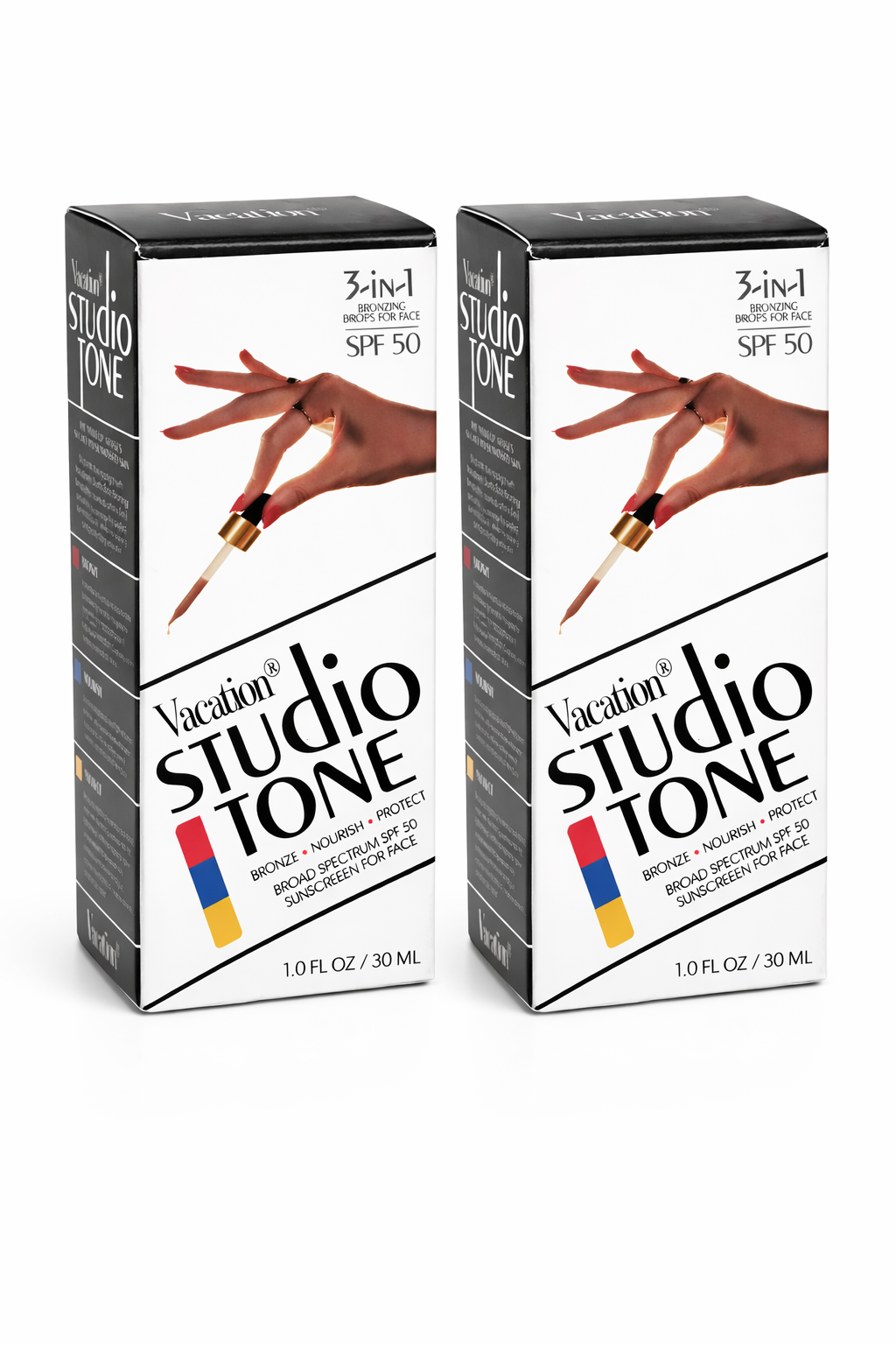Vacation Studio Tone SPF 50 bronzing drops for face 2 pack 1 oz 30 ml boxes broad spectrum tinted sunscreen skincare bundle