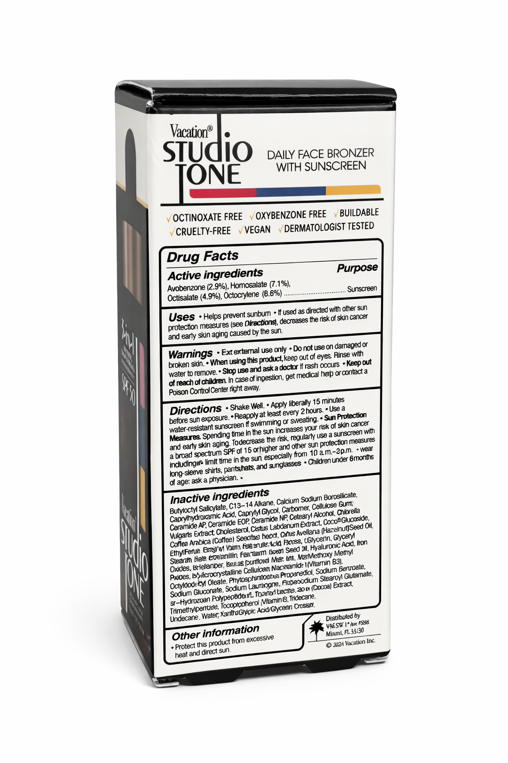Vacation Studio Tone SPF 50 bronzing drops drug facts ingredients back of box broad spectrum sunscreen skincare details