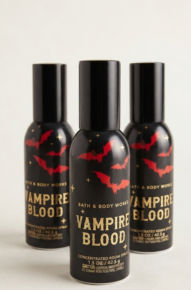 VAMPIRE BLOOD Bath & Body Works Concentrated Room Spray 3-Pack, 1.5 oz each, black Halloween bottles with red bat design