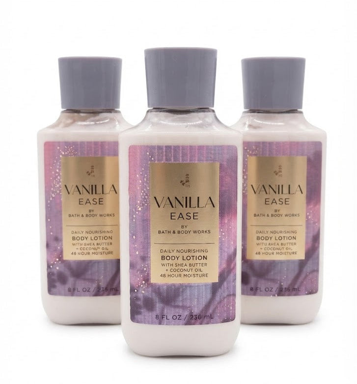 VANILLA EASE Bath & Body Works Body Lotion 3-Pack, 8 oz each, moisturizing vanilla lotion bottles
