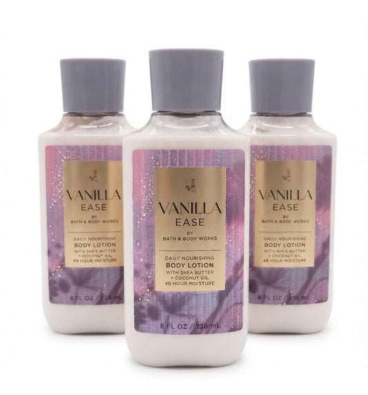 VANILLA EASE Bath & Body Works Body Lotion 3-Pack, 8 oz each, moisturizing vanilla lotion bottles