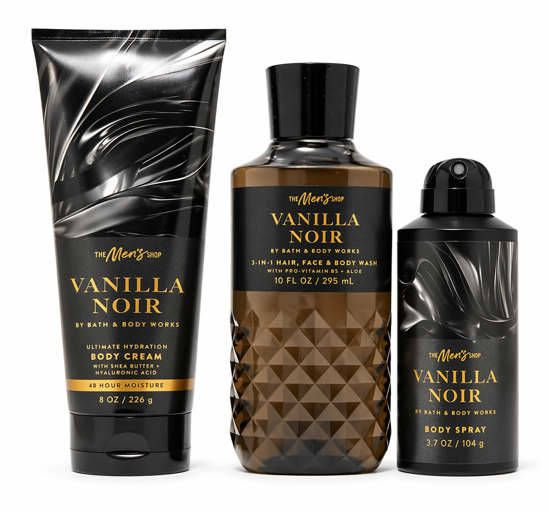 VANILLA NOIR Bath & Body Works Men’s 3-Step Set Body Cream 8 oz Body Wash 10 oz and Body Spray 3.7 oz bundle white background