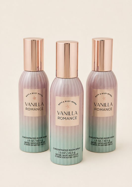 VANILLA ROMANCE Bath & Body Works Concentrated Room Spray 3-Pack, 1.5 oz each, warm vanilla home fragrance bottles