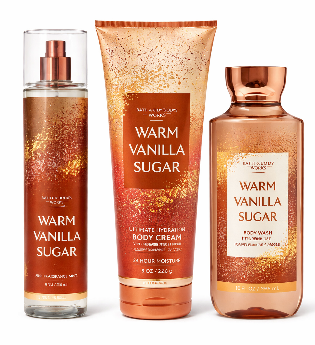 Bath and Body Works Warm Vanilla Sugar 3 step body care set including fragrance mist body cream and body wash sweet vanilla scent hydrating routine bundle