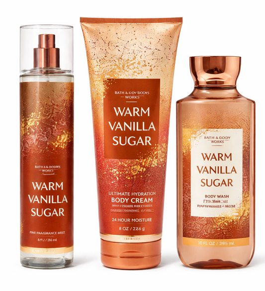 Bath and Body Works Warm Vanilla Sugar 3 step body care set including fragrance mist body cream and body wash sweet vanilla scent hydrating routine bundle