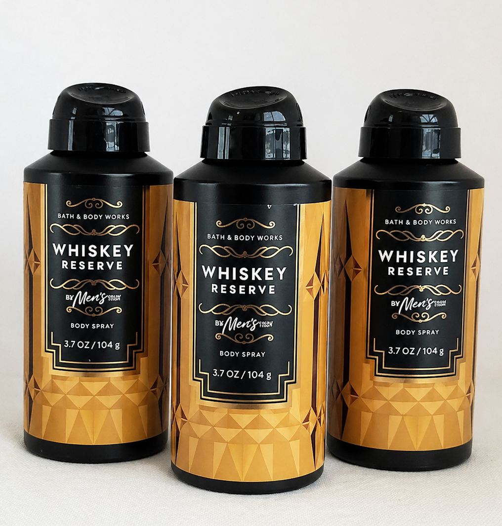 Bath & Body Works WHISKEY RESERVE body spray 3 pack CLASSIC design 3.7 oz each men’s fragrance bundle masculine cologne mist