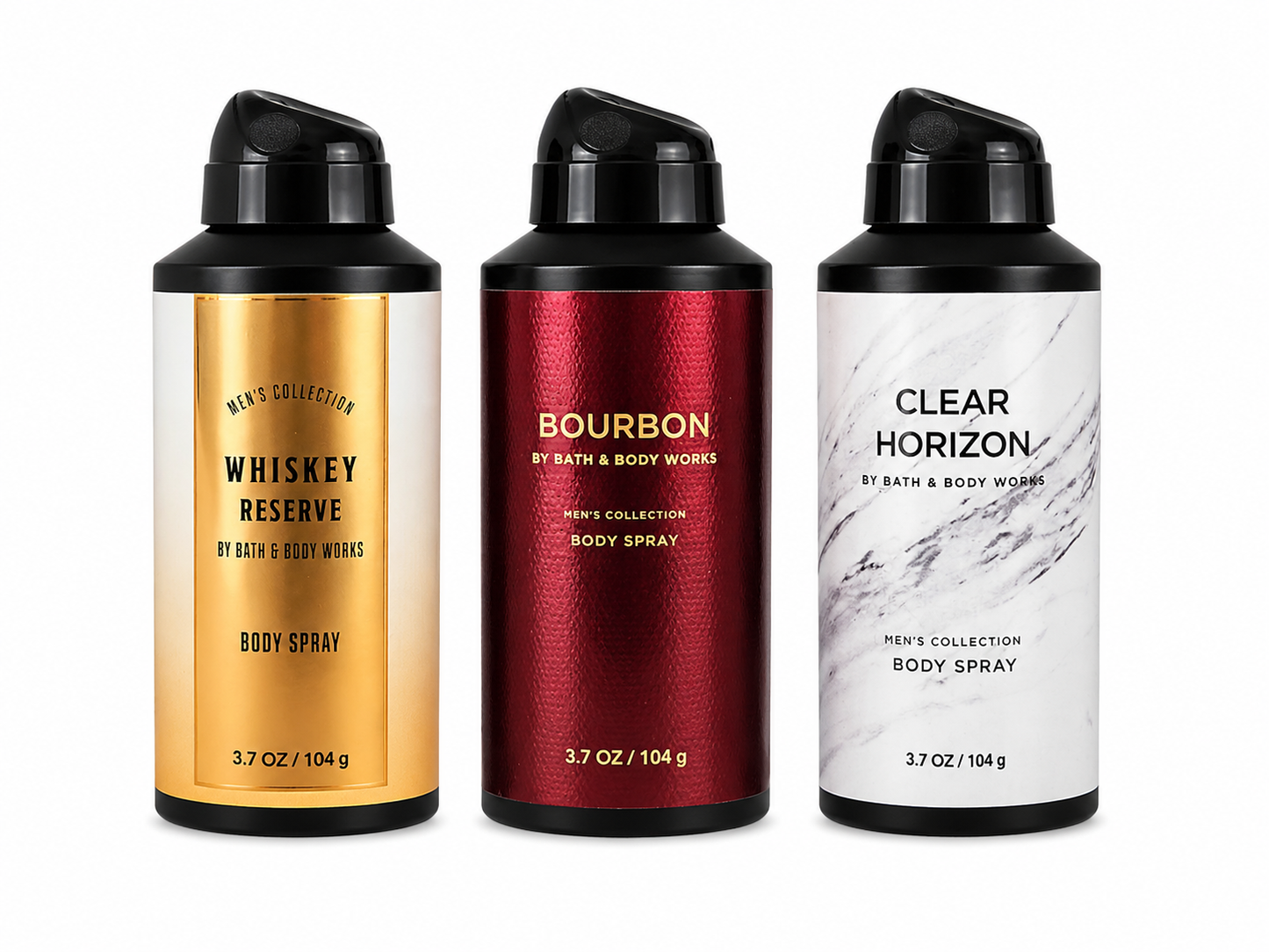 Bath & Body Works men body spray 3 pack WHISKEY RESERVE BOURBON CLEAR HORIZON 3.7 oz each masculine fragrance bundle