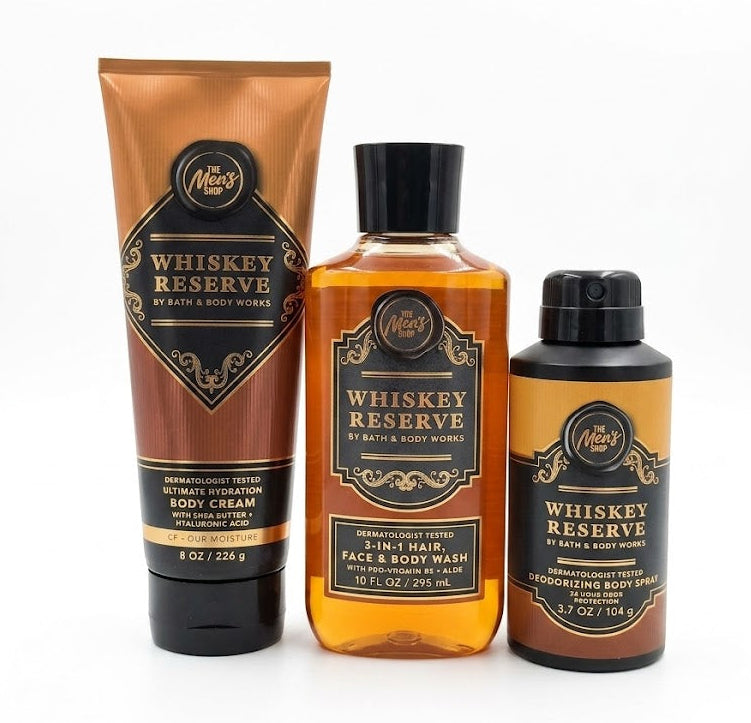 WHISKEY RESERVE men’s body care set Bath & Body Works body cream 8 oz 3-in-1 hair face body wash 10 oz and body spray 3.7 oz masculine fragrance routine gift set