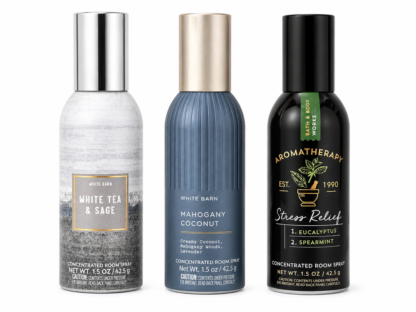 Bath & Body Works room spray 3 pack WHITE TEA & SAGE EUCALYPTUS SPEARMINT MAHOGANY COCONUT 1.5 oz each home fragrance air freshener bundle
