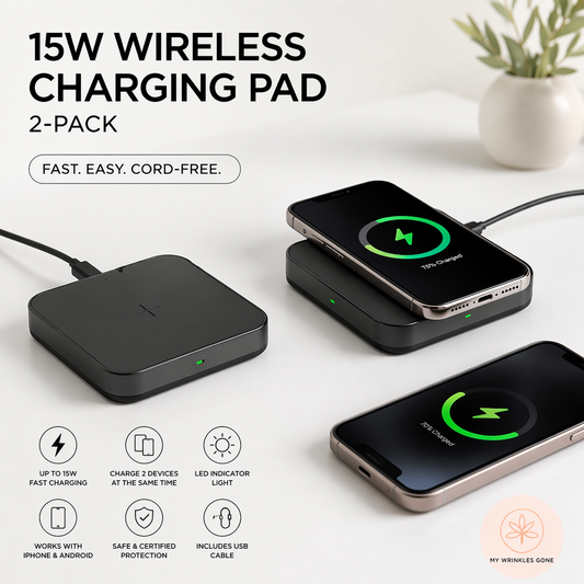 15W wireless charging pad 2 pack fast charger for iPhone and Android sleek black dual charging pads minimalist desk setup cable free charging solution My Wrinkles Gone