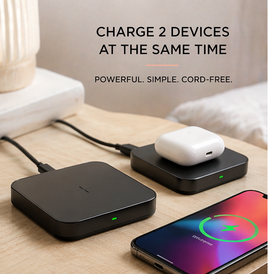 wireless charging pad charging iphone and airpods at the same time dual device fast charging modern desk setup clean aesthetic