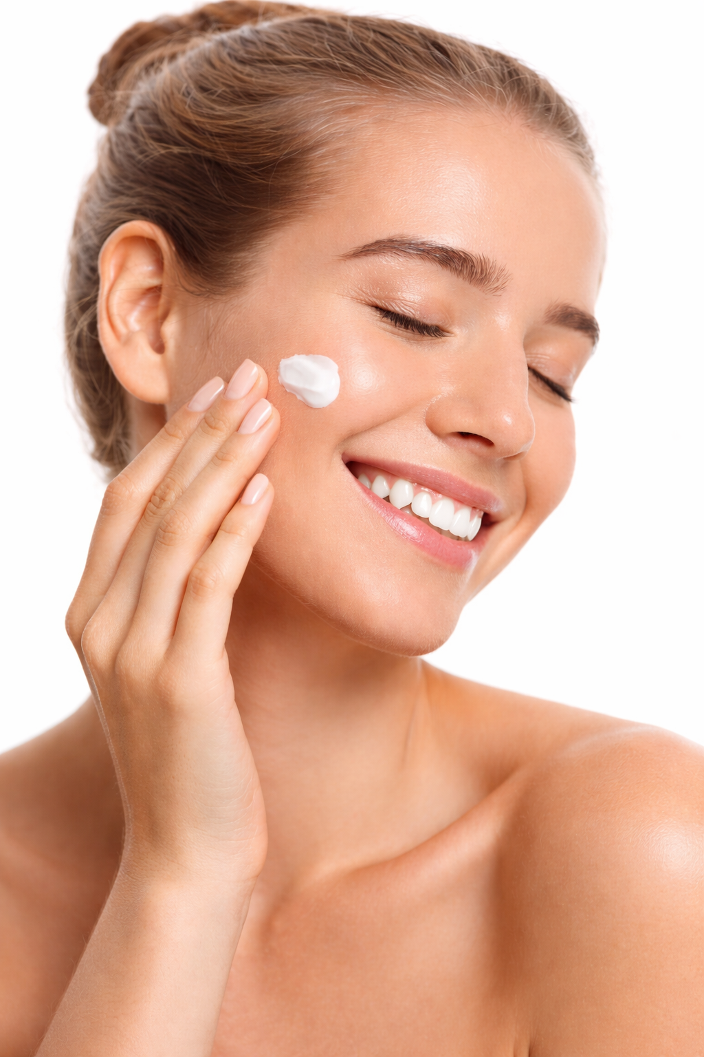 Woman applying neck firming cream for anti aging skincare tightening and smoothing neck skin